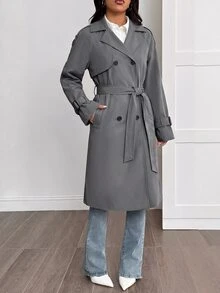 SHEIN PETITE 女款素色長袖保暖內裡休閒風衣 - 灰色 - 查看 6