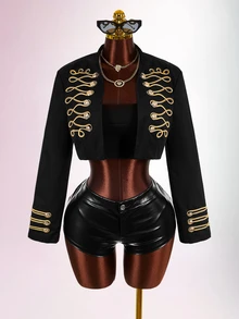 Amplova Women's Long Sleeve Casual Napoleon Cropped Jacket - Black - View 5