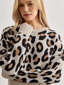 Trelyra Woman Leopard Jacquard Print Detailed Cozy Soft Oversize Sweater - Brown - View 5
