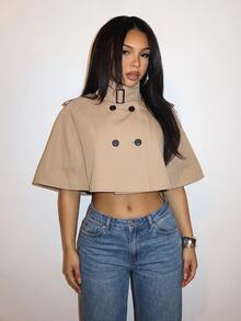 Slaydiva Khaki Cropped Cape Trench Coat | Vintage Short Poncho Jacket-Z - Khaki - View 9