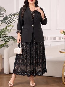Reflora Plus Size Women's Contrast Lace Cuff Jacket And Dress Elegant Suit Set - Black - View 4