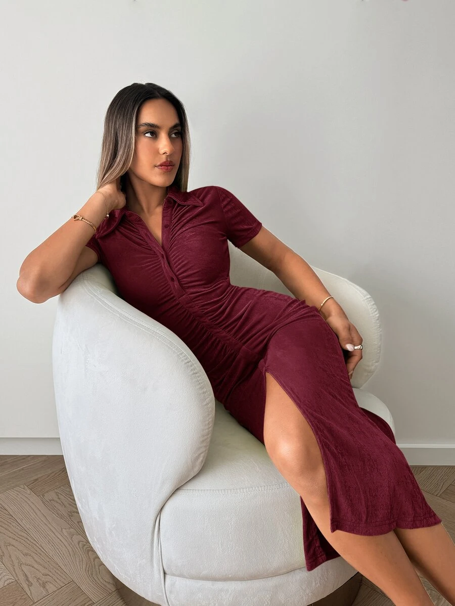 SHEIN Essnce 女款夏季優雅純色前開扣修身洋裝 - 酒紅色 - 查看 1