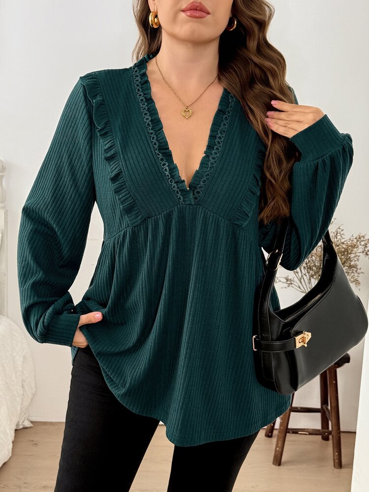 Easowa Curve Plus Size Autumn Casual Solid Color Top - Dark Green - View 5