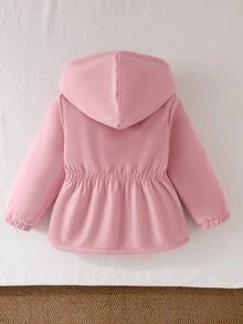 SHEIN 1件女童冬季新款毛絨內裡拉鍊開襟衫，附彈性腰部與連帽，百搭時尚防寒外套，適合戶外與通勤 - 粉色 - 查看 3