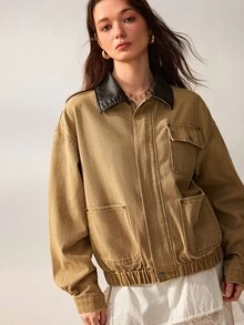 Willow Rêve Women's Khaki Loose Jacket, Washed Process With Workwear Stitching, Contrast Faux Leather Collar, Zipper And Patch Pocket Design, Solid Color Autumn Casual Style, Suitable For Travel And Commute - Yellow - View 7