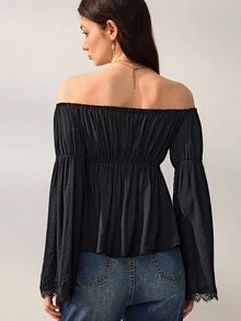 Willow Rêve Women's Black Loose Cold Shoulder Bell Sleeve Top, Lace Cuffs With Elastic Ruffles, Solid Color Western Romantic Bohemian Style, Suitable For Summer Vacation Party Travel - Black - View 2