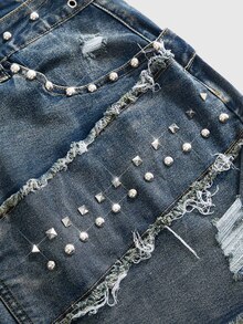 ROMWE Grunge Punk 女款 Y2K 復古亞文化風磨損下擺鉚釘珠飾裝飾破洞雙腰頭不對稱修身緊身大尺碼牛仔迷你裙 - 藍色 - 查看 4