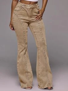 MUSERA Mid-Waist Denim Overlap Button Flared Leg Stud Detail Jeans Sexy Boho Cute Holiday Ibiza Spring Summer Feminine Outing - Beige - View 2