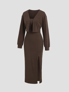 Sweetra Women's Solid Color Long Sleeve Open Front Top And Cami Dress Casual 2 Pieces Set - Coffee Brown - View 7