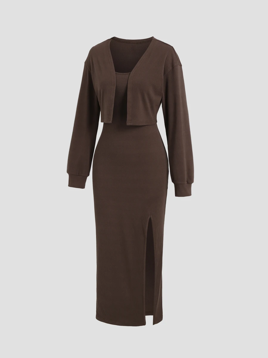 Sweetra Women's Solid Color Long Sleeve Open Front Top And Cami Dress Casual 2 Pieces Set - Coffee Brown - View 1