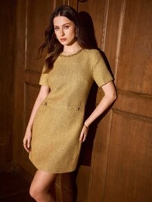 MOTF PREMIUM ELEGANT EXQUISITE TWEED PATCHWORK SEQUIN TRIM DRESS - Champagne - View 5