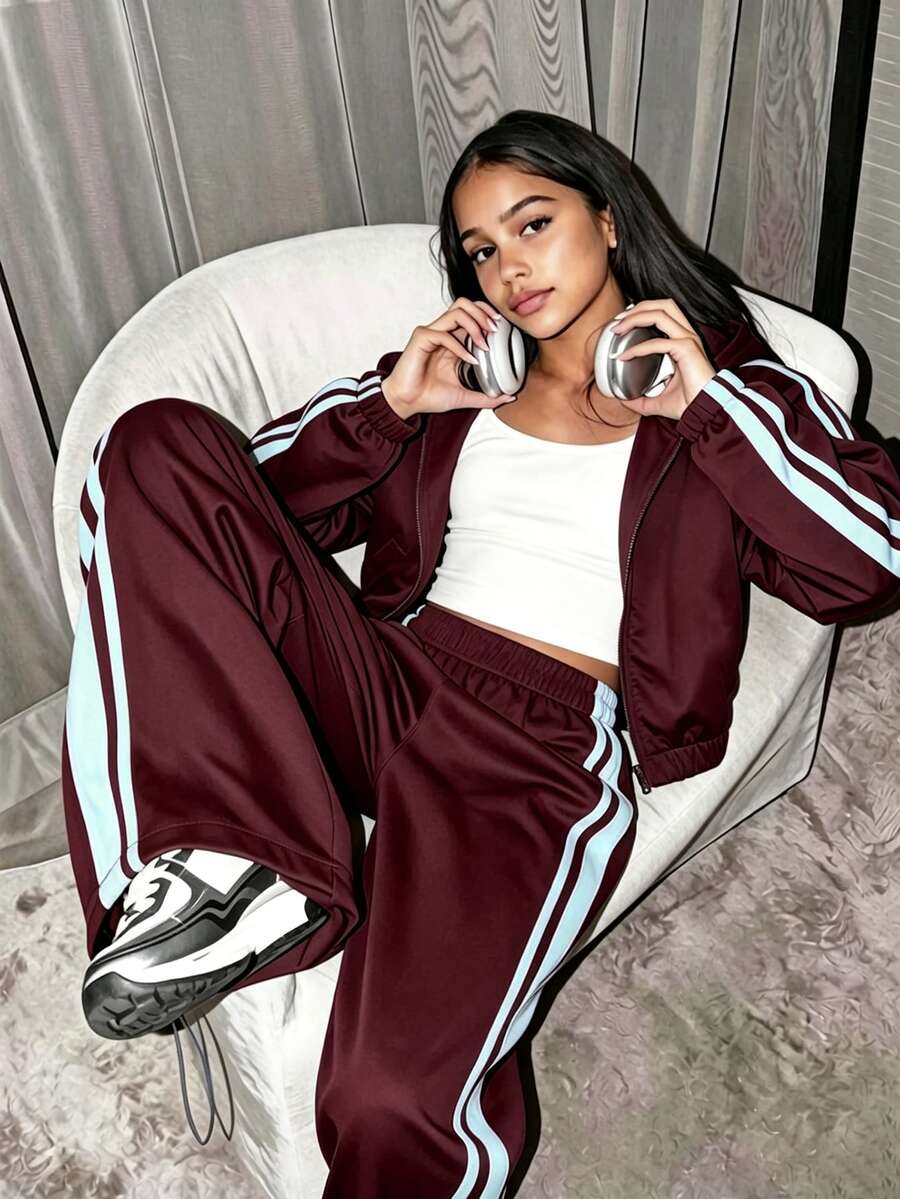 SHEIN 3件組青少年女孩連帽衛衣套裝，長袖開襟短版夾克、白色細肩帶背心、鬆緊腰寬鬆寬腿長褲，休閒穿搭，秋季服飾，返校校服 - 酒紅色 - 查看 1