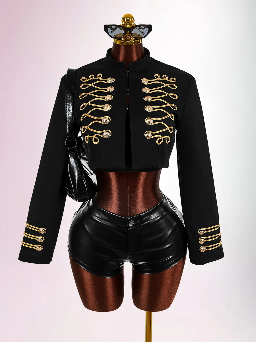 Amplova Women's Long Sleeve Casual Napoleon Cropped Jacket - Black - View 1