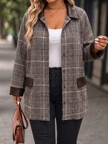 EMERY ROSE CURVE Jaket Wanita Ukuran Besar Motif Kotak-kotak Vintage Musim Gugur/Dingin dengan Kerah Patchwork Kulit, Lengan Panjang, Potongan Longgar, Blazer Komuter Serbaguna Musim Gugur - MultiWarna - View 5
