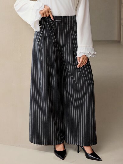 Veilorie Women's Fashion Commuter Striped Tie-Waist Wide Leg Long Pants