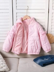 Emery Rose Kids Emery Rose Kids 女童純色休閒連帽拉鍊外套 冬季露營穿搭 粉色 - 粉色 - 查看 3