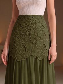 Anewsta Women's New Water-Soluble Hollow Embroidery Patchwork Ruched Full Flare Fashion Elegant Versatile Half Skirt - Green - View 1
