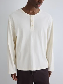 Merionis Men's Solid Color Button Design Crew Neck Long Sleeve Casual Versatile T-Shirt - Apricot - View 4