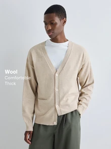 Merionis Men's Solid Color Drop Shoulder Long Sleeve Single-Breasted Casual Knit Cardigan - Apricot - View 1