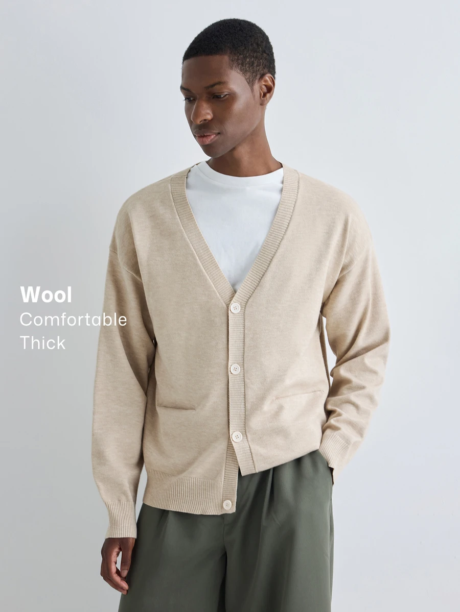 Merionis Men's Solid Color Drop Shoulder Long Sleeve Single-Breasted Casual Knit Cardigan - Apricot - View 1
