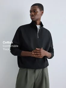 Merionis Men's Solid Color Zipper Design Long Sleeve Casual Pullover Sweatshirt - Black - View 1