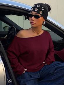 SHEIN EZwear 酒紅色女款露肩寬鬆休閒長袖衛衣 34%棉 - 酒紅色 - 查看 5