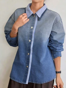 Dazy-Less Women's Light Blue D Patchwork Denim Top Business Casual Streetwear School Fall Everyday - Blue - View 3