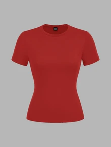 SHEIN EZwear 休閒極簡風黑色、灰色、紅色 3 件組女款圓領修身長版短袖 T 恤套裝，適合夏季 - 彩色 - 查看 5