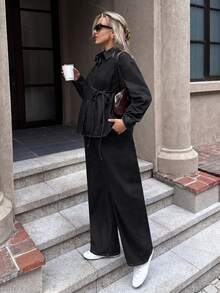 SHEIN 孕婦上衣與牛仔褲2件套秋季女裝 秋冬 正式商務 時尚基本款 哥德風 萬聖節聖誕節節慶 - 黑色 - 查看 4