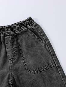 SHEIN 少女牛仔寬腿褲，春夏新品，休閒波希米亞風節慶平腰口袋寬腿牛仔褲，日常OOTD必備，淺洗黑牛仔色，春夏度假，彈性腰帶設計，寬鬆直筒寬腿版型，舒適棉質牛仔面料，百搭T恤，春夏度假，日常出遊，聚會，春夏牛仔度假出遊，棉質面料 - 黑色 - 查看 4