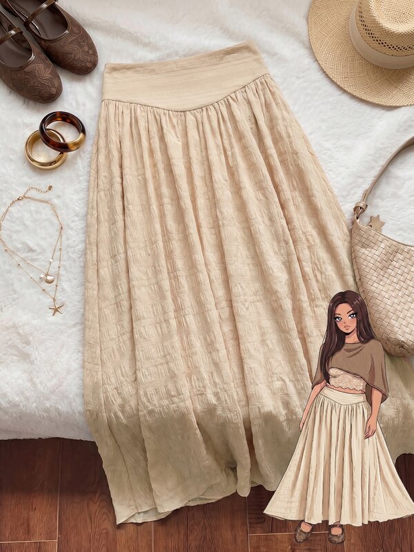 CovetEZ Plus Size Autumn Minimalist Vintage Long Beige Jacquard Textured A-Line Skirt