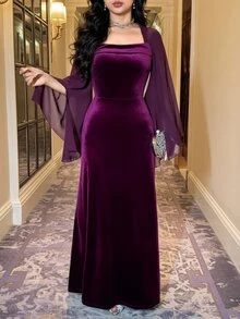 Feyla Women's Solid Color Square Neck Split Sleeve Elegant Long Dress - Purple - View 4