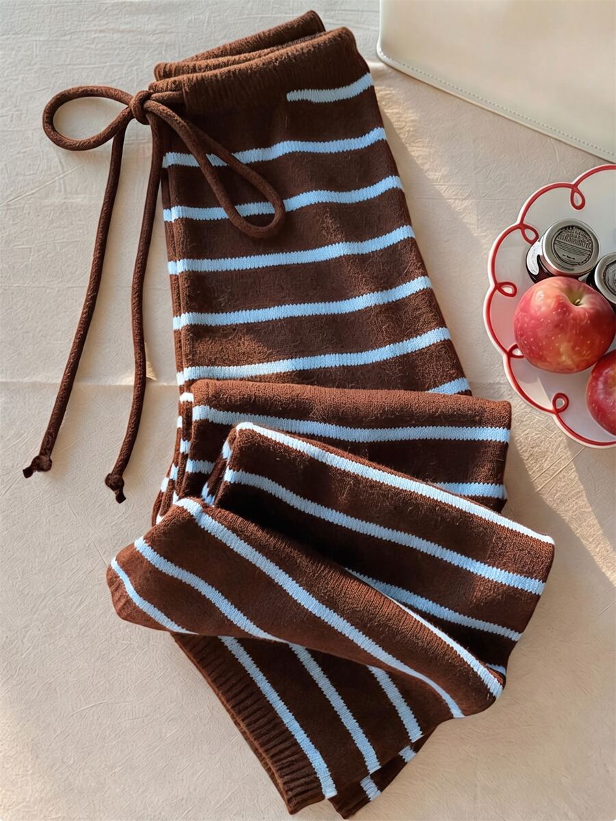 Comfortcana Celana Jogging Kasual Bergaris dengan Tali Serut di Pinggang untuk Wanita, Cocok untuk Sehari-hari - Baby Blue - View 1