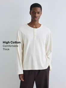 Merionis Men's Solid Color Button Design Crew Neck Long Sleeve Casual Versatile T-Shirt - Apricot - View 1