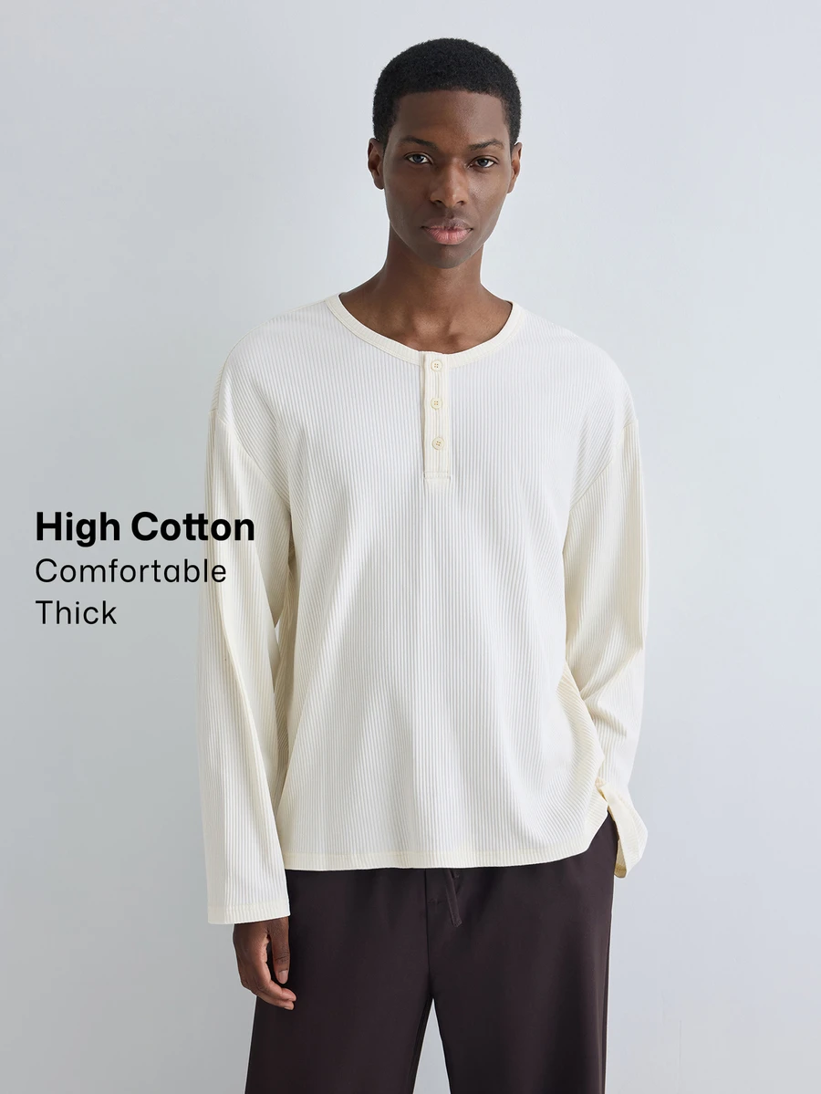 Merionis Men's Solid Color Button Design Crew Neck Long Sleeve Casual Versatile T-Shirt - Apricot - View 1