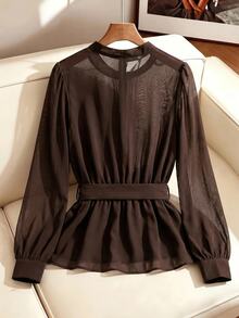 SHEIN Clasi Plus Size Elegant Commuter Mesh Blouse, Autumn - Brown - View 2
