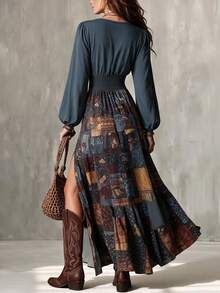 Trelyra Women's Fashion Elegant Casual Vacation Style Patchwork Pattern Shirred Side Slit Dress - Gray Blue - View 2