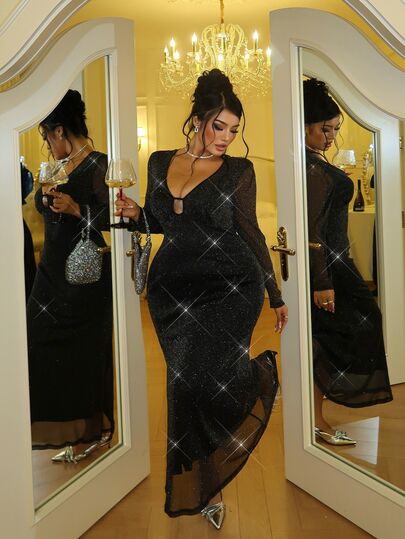 GalTyme Plus Size Women's Deep V-Neck Long Sleeve Glitter Fitted Elegant Dress