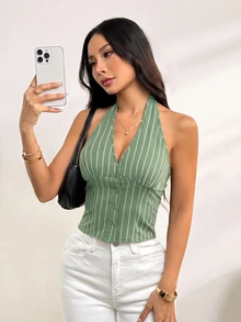 SHEIN PETITE 女款棉質條紋立領單排扣背心薄款西裝外套 秋冬款 - 薄荷綠 - 查看 1
