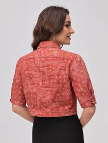 EMERY ROSE Plus Size Women's Paisley Pattern Short Petal Sleeve Single-Breasted Casual Denim Jacket - Red - View 2