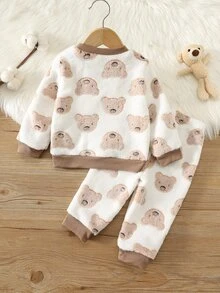 SHEIN 中性嬰兒男/女童 幼兒 2件組 秋冬保暖內裡加厚可愛熊圖案絨毛家居服套裝 睡衣套裝 嬰兒冬季睡衣聖誕款 - 卡其色 - 查看 2