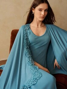 MOTF PREMIUM WOMEN'S PATCHWORK FLORAL LACE TRIM ROBE AND FITTED SLEEP DRESS PAJAMA SET - Dark Green - View 2