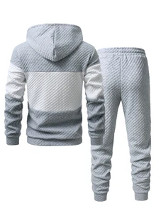 Manfinity Homme 男士連帽衛衣套裝，灰色與白色拼接設計連帽衛衣搭配抽繩長褲，純色菱格紋提花面料，標籤細節設計，休閒運動套裝，秋冬極簡休閒居家/戶外/通勤 - 彩色 - 查看 2