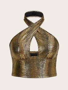SHEIN ICON 大尺碼女款性感交叉掛脖塗層背心 - 金色 - 查看 1