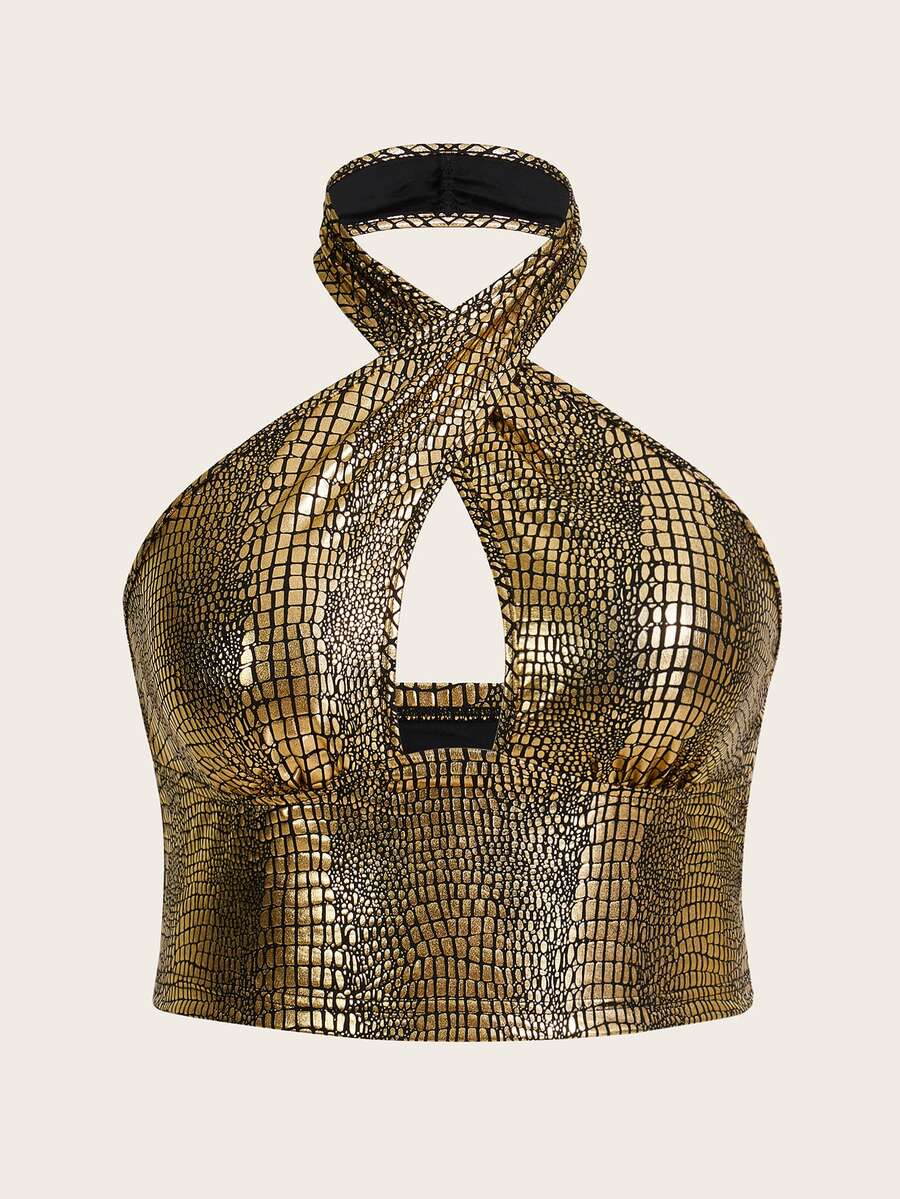 SHEIN ICON 大尺碼女款性感交叉掛脖塗層背心 - 金色 - 查看 1