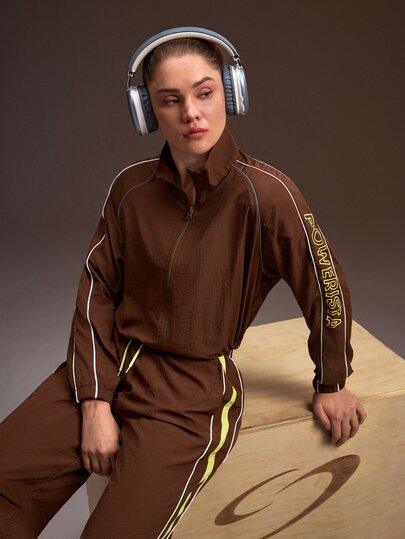 Powerista Women All Seasons Sports Jacket Brown Full Zip Track Jacket With White Stripes Stand Collar Cropped Sports Coat Long Sleeve Athletic Wear Reflective