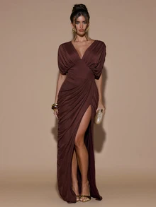 SHEIN BAE Gaun Musim Gugur Musim Dingin Cokelat Leher V Dalam Lengan Mengembang Berkerut Belahan Ramping untuk Pesta Makan Malam Thanksgiving - Purple - View 5