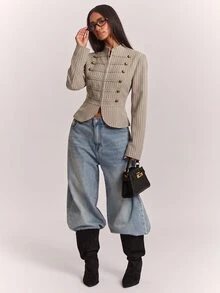 SHEIN BAE Fashionable Design Knot Button Decor Casual Commute Long Sleeve Jacket - Khaki - View 3