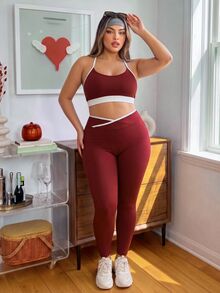Sovereign Charm Women's Plus Size Colorblock Cropped Camisole And Leggings Sports Set - Red - View 6