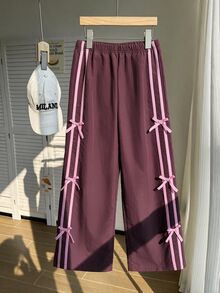 SHEIN Tween Girls Casual Loose Fit Side Tape Stripe Wide Leg Cropped Pants, Fall - Brown - View 7